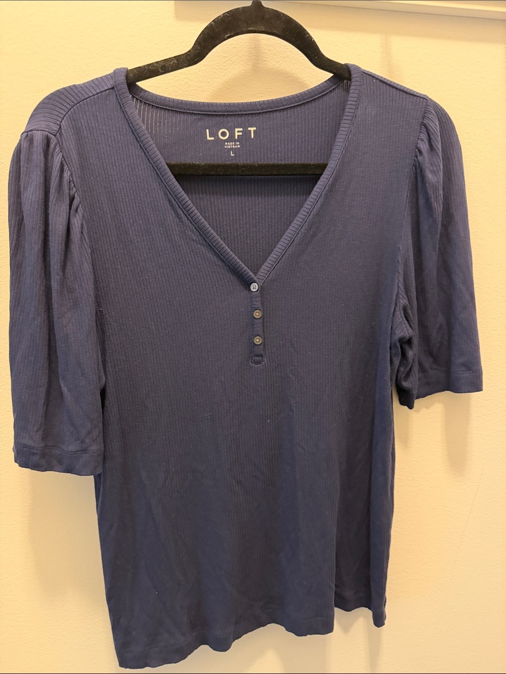 LOFT Navy Ribbed V-Neck Short Sleeve Top with Button Placket